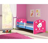 clamaro 'Fantasia Bleu' Lit pour enfant avec rausfallsc hutz (38 motifs + nom au choix) 70 x 140, 80 x 160 ou 80 x 180 avec matelas, sommier à lattes, coffre à literie (Surmatelas tiroir sur roulettes), pas de bords coupants et coins par umlaufende Protection des Bords permettre de Partie latérale réglable