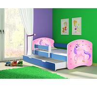 clamaro 'Fantasia Bleu' Lit pour enfant avec rausfallsc hutz (38 motifs + nom au choix) 70 x 140, 80 x 160 ou 80 x 180 avec matelas, sommier à lattes, coffre à literie (Surmatelas tiroir sur roulettes), pas de bords coupants et coins par umlaufende Protection des Bords permettre de Partie latérale réglable
