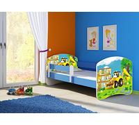 clamaro 'Fantasia Bleu' Lit pour enfant avec rausfallsc hutz (38 motifs + nom au choix) 70 x 140, 80 x 160 ou 80 x 180 avec matelas, sommier à lattes, coffre à literie (Surmatelas tiroir sur roulettes), pas de bords coupants et coins par umlaufende Protection des Bords permettre de Partie latérale réglable