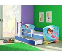 clamaro 'Fantasia Bleu' Lit pour enfant avec rausfallsc hutz (38 motifs + nom au choix) 70 x 140, 80 x 160 ou 80 x 180 avec matelas, sommier à lattes, coffre à literie (Surmatelas tiroir sur roulettes), pas de bords coupants et coins par umlaufende Protection des Bords permettre de Partie latérale réglable