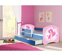 clamaro 'Fantasia Bleu' Lit pour enfant avec rausfallsc hutz (38 motifs + nom au choix) 70 x 140, 80 x 160 ou 80 x 180 avec matelas, sommier à lattes, coffre à literie (Surmatelas tiroir sur roulettes), pas de bords coupants et coins par umlaufende Protection des Bords permettre de Partie latérale réglable