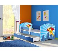 clamaro 'Fantasia Bleu' Lit pour enfant avec rausfallsc hutz (38 motifs + nom au choix) 70 x 140, 80 x 160 ou 80 x 180 avec matelas, sommier à lattes, coffre à literie (Surmatelas tiroir sur roulettes), pas de bords coupants et coins par umlaufende Protection des Bords permettre de Partie latérale réglable