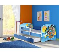 clamaro 'Fantasia Bleu' Lit pour enfant avec rausfallsc hutz (38 motifs + nom au choix) 70 x 140, 80 x 160 ou 80 x 180 avec matelas, sommier à lattes, coffre à literie (Surmatelas tiroir sur roulettes), pas de bords coupants et coins par umlaufende Protection des Bords permettre de Partie latérale réglable