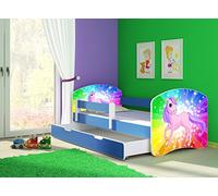 clamaro 'Fantasia Bleu' Lit pour enfant avec rausfallsc hutz (38 motifs + nom au choix) 70 x 140, 80 x 160 ou 80 x 180 avec matelas, sommier à lattes, coffre à literie (Surmatelas tiroir sur roulettes), pas de bords coupants et coins par umlaufende Protection des Bords permettre de Partie latérale réglable