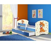 clamaro 'Fantasia Bleu' Lit pour enfant avec rausfallsc hutz (38 motifs + nom au choix) 70 x 140, 80 x 160 ou 80 x 180 avec matelas, sommier à lattes, coffre à literie (Surmatelas tiroir sur roulettes), pas de bords coupants et coins par umlaufende Protection des Bords permettre de Partie latérale réglable