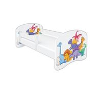 CLAMARO Lit d'enfant « Schlummerland » 80 x 160 cm (jusqu'à 150 kg) avec motif dinosaure, protection anti-chute, protection des bords, matelas et sommier à lattes | Lit pour adolescent blanc | Motif