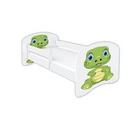 CLAMARO Lit d'enfant « Schlummerland » 80 x 180 cm (jusqu'à 150 kg) avec motif dinosaure, protection anti-chute, protection des bords, matelas et sommier à lattes | Lit pour adolescent blanc | Motif