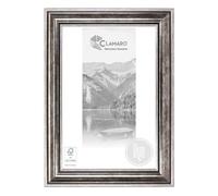 CLAMARO RIGA Cadre photo antique 90 x 130 cm en bois massif argenté vieilli 68 mm de large avec verre acrylique, panneau arrière, crochet de suspension en métal