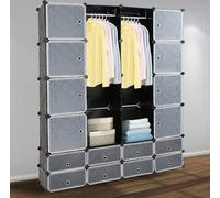 Clanmacy 16 cubes armoire système d'étagères armoire penderie bricolage armoire de rangement en plastique noir penderie pour chambre à coucher avec portes 180 * 142 * 37CM