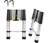 Clanmacy Escabeau télescopique Alu léger Antidérapant 2,6m Argent + Crochet Escabeau multifonctionnel Escabeau multi-usage Escabeau extensible 15 marches Escabeau en aluminium de haute qualité Capacit