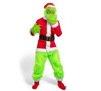 Claofoc 7 pièces Costume Grinch Adultes Hommes Ensemble de Costume de père noël de Luxe Costume de Cosplay de noël avec masque Grinch Gants Chapeau Pantalon Chausse (XL)