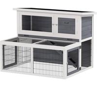 Clapier 2 niveaux avec toit rabattable Clapier en bois massif résistant à l'hiver Maison à deux niveaux avec enclos 122x95x93,5 cm Cage à lapins Outdoor Clapier pour petits animaux Lapins Gris Aosom