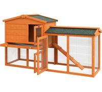 Clapier 2 niveaux Clapier en bois de sapin résistant à l'hiver Maison à deux étages avec enclos extérieur Baignoire Rampe 150x45x85 cm Cage à lapins Outdoor Clapier pour petits animaux Lapins Cochons