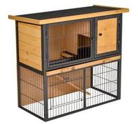 PawHut Clapier à lapin 2 niveaux, 3 portes verrouillables, rampe, toit ouvrant, pin pré-huilé