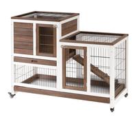PawHut Clapier à Lapin sur roulettes Cage à Lapin intérieur extérieur 2 étages 2 Portes verrouillables 2 Plateaux coulissants Rampe Bois de Sapin Marron Blanc