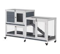 PawHut Clapier à Lapin en Bois sur roulettes 147 x 45,5 x 88,5 cm Cage à Lapin à 2 Niveaux avec Toit ouvrant 3 Plateaux Amovibles 3 Portes avec loquet et Rampe Gris