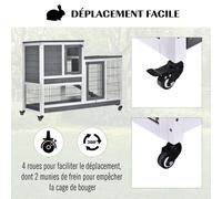 PawHut Clapier à Lapin sur roulettes Cage à Lapin intérieur extérieur 2 étages 2 Portes verrouillables 2 Plateaux coulissants Rampe Bois de Sapin Gris Blanc