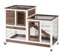 Clapier à lapin sur roulettes cage à lapin 2 étages 2 portes verrouillables 2 plateaux coulissants rampe bois de sapin marron blanc Marron G