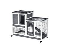 Clapier à lapin sur roulettes cage à lapin 2 étages 2 portes verrouillables 2 plateaux coulissants rampe bois de sapin gris blanc