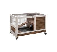 PawHut Clapier à Lapin sur roulettes Cage à Lapin 2 étages Porte verrouillable Toit ouvrant Plateau Coulissant Rampe Bois de Sapin Marron Blanc