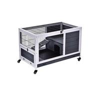 Clapier à lapin sur roulettes cage à lapin 2 étages porte verrouillable toit ouvrant plateau coulissant rampe bois de sapin gris blanc