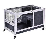 Clapier À Lapin Sur Roulettes Cage À Lapin 2 Étages Porte Verrouillable Toit Ouvrant Plateau Coulissant Rampe Bois De Sapin Gris Blanc