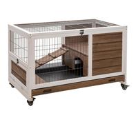 Clapier À Lapin Sur Roulettes Cage À Lapin 2 Étages Porte Verrouillable Toit Ouvrant Plateau Coulissant Rampe Bois De Sapin Marron Blanc