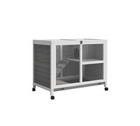 Clapier à lapin sur roulettes cage à lapin 2 niveaux toit ouvrant verrouillable plateau déjection coulissant rampe niche bois de sapin gris blanc