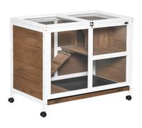 PawHut Cage à Lapin clapier sur roulettes Petit enclos Animaux en Bois Massif 2 étages Toit ouvrant Plates-Formes 91,5 x 53,3 x 73 cm Marron
