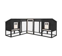 Clapier à lapins avec enclos gris et blanc en bois massif, 2 maisons et grand enclos avec grillage métallique galvanisé, toit basculant, tissu imperméable, rampe antidérapante