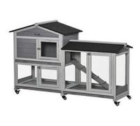 PawHut Clapier bois pour lapins petit enclos animaux villa pour lapin sur roulettes 2 étages 3 plateaux coulissants