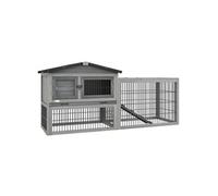 Clapier Cage À Lapins Cottage - Niche Haute, Rampe, Enclos Extérieur - Plateau Excrément, Toit Ouvrant, 2 Portes Verrouillables - Bois Gris