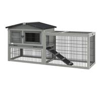 Clapier Cage À Lapins Cottage - Niche Haute, Rampe, Enclos Extérieur - Plateau Excrément, Toit Ouvrant, 2 Portes Verrouillables - Bois Gris