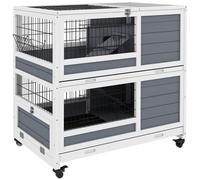 Clapier Cage Lapin Sur Roulettes - 2 Niveaux, 2 Plateaux, 3 Portes, Rampes - Bois Sapin Gris Blanc