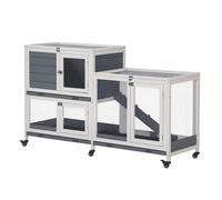 PawHut Clapier à Lapin en Bois sur roulettes 147 x 45,5 x 88,5 cm Cage à Lapin à 2 Niveaux avec Toit ouvrant 3 Plateaux Amovibles 3 Portes avec loquet et Rampe Gris