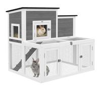 Clapier lapin extérieur - cage à lapin intérieur - PawHut - double toit ouvrant imperméable 2 niveaux avec enclos - bois - gris
