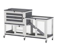PawHut Clapier à Lapins Cage Lapin intérieur à 2 Niveaux avec roulettes, 2 Plateaux ouvrants, 3 Plateaux en Plastique, clapier en Bois pour 2 à 3 Lapins, cochons d'Inde, 147 x 45 x 89,5 cm, Gris