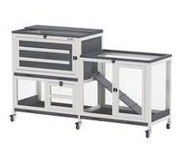 PawHut - Clapier pour lapin en bois - 2 niveaux, roulettes - 147 x 45 x 89,5 cm - Gris