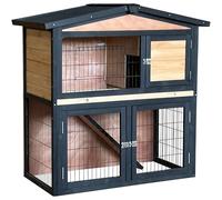 Clapier Shelty Pet pour Petits Animaux | Bois Massif Thermo-traité FSC 101x55x100cm | Habitat Extérieur avec Grillage Acier, Triple Porte, Rampe | Noir et Naturel