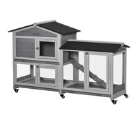 PawHut Clapier Bois pour Lapins Petit enclos Animaux Villa pour Lapin sur roulettes 2 étages 3 Plateaux coulissants 157,4 x 53 x 99,5 cm Gris
