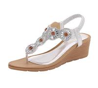 Claquette Femme Mode Sandales Confort Cuire Qui Brille Sandales pour les femmes confort avec élastique sangle de cheville casual Bohemian Beach chaussures mode Crystal Rhinestone décor(Silver, 37)