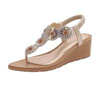 Claquette Femme Mode Sandales Confort Cuire Qui Brille Sandales pour les femmes confort avec élastique sangle de cheville casual Bohemian Beach chaussures mode Crystal Rhinestone décor(Gold, 38)