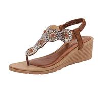 Claquette Femme Mode Sandales Confort Cuire Qui Brille Sandales pour les femmes confort avec élastique sangle de cheville casual Bohemian Beach chaussures mode Crystal Rhinestone décor(Brown, 41)