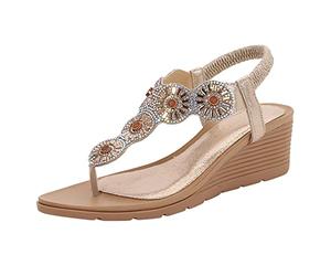 Claquette Femme Mode Sandales Confort Cuire Qui Brille Sandales pour les femmes confort avec élastique sangle de cheville casual Bohemian Beach chaussures mode Crystal Rhinestone décor(Gold, 38)