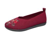 Claquettes Femme Chaussures Femme Ete Confortable Chaussures Plates en brodées de Fleurs pour Femmes, Mocassins décontractés Respirants en à Enfiler, de Marche à Semelle Souple de Rouge 39
