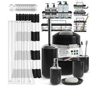 Clara Clark Bathroom Accessories Set - Bathroom Set with Adhesive Corner Shower Caddy Hanging, 25PC Bathroom Accessory Set, Black Shower Curtain Set, Toilet Brush, Trash Can & Soap Dispenser