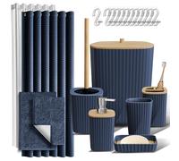 Clara Clark Ensemble d'accessoires de Salle de Bain avec Rideau de Douche, Brosse WC, Poubelle, Distributeur de Savon et Tapis (Bleu Marine, Ensemble Complet + Tapis de Bain)