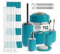 Clara Clark Ensemble d'accessoires de Salle de Bain, Bleu Sarcelle, Rideau de Douche avec Doublure, Porte-Brosse à Dents, Distributeur de Savon, Porte-Brosse de Toilette et Poubelle