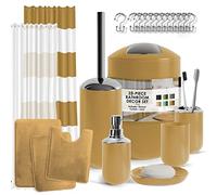Clara Clark Ensemble d'accessoires de Salle de Bain dorés avec Rideau de Douche et Tapis, 23 pièces, Rideau de Douche avec Doublure, Distributeur de Savon, Porte-Savon, Porte-Brosse WC et Poubelle
