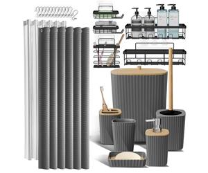 Clara Clark Ensemble de 25 Accessoires de Salle de Bain Modernes rustiques bohèmes Gris avec Panier de Douche, Porte-Brosse à Dents, Distributeur de Savon, Poubelle, Brosse de Toilette, Rideau de